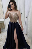 Strap A Line Maroon Long Beaded Prom Dresses with Slit and Gold Lace HZ0509