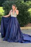 Navy Blue Long Prom Dresses Beaded Backless Evening Dresses HZ0509