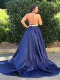 Navy Blue Long Prom Dresses Beaded Backless Evening Dresses HZ0509