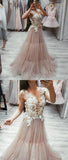 Neck Tulle Lace Appliques Long Prom Dress, Cheap Tulle Evening Dresses HZ0509