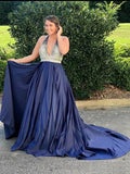 Navy Blue Long Prom Dresses Beaded Backless Evening Dresses HZ0509