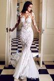 Trumpet/Mermaid White Sweep Train Bateau Long Sleeve Wedding Dress HZ0509
