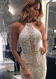 Arrival Elegant Halter Mermaid Lace Sleeveless Wedding Dress with Sash HZ0509