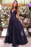 Blue Lace Long Prom Dresses Spaghetti Strap V Neck Cheap Formal Dress HZ0509