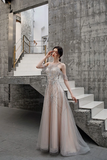 A Line Beaded Long Tulle Lace Up Back Prom Dresses HZ0509