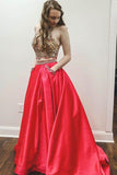 Pieces A Line Red Prom Dresses With Pockets, Halter Beaded Evening Dress HZ0509