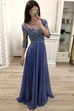 A Line 3/4 Sleeves Beaded Blue Long Prom Dresses, Formal Party Dress HZ0509