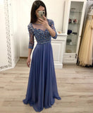 A Line 3/4 Sleeves Beaded Blue Long Prom Dresses, Formal Party Dress HZ0509