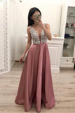 Line V Neck Beading Satin Prom Dresses, Sleeveless Cheap Prom Dress HZ0509