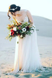 A Line Lace Appliques Tulle Long Beach Wedding Dresses HZ0509