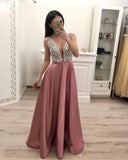 Line V Neck Beading Satin Prom Dresses, Sleeveless Cheap Prom Dress HZ0509