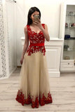 Line Tulle Long Prom Dress With Red Appliques,Junior Party Prom Dresses HZ0509