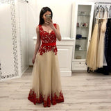 Line Tulle Long Prom Dress With Red Appliques,Junior Party Prom Dresses HZ0509