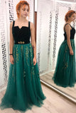 Line Green and Black Tulle Prom Dresses, Charming Appliques Formal Dress HZ0509