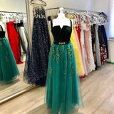 Line Green and Black Tulle Prom Dresses, Charming Appliques Formal Dress HZ0509