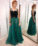 Line Green and Black Tulle Prom Dresses, Charming Appliques Formal Dress HZ0509