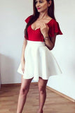 V-Neck Sleeveless Off White Satin Short Homecoming Dress With Red Top HZ0509