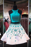 A Line Two Piece Turquoise Short Homecoming Dresses with Beading HZ0509