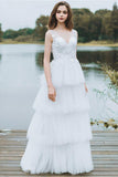 Tiered Tulle Low Back V Beck Boho Beach Wedding Dress With Lace Appliques HZ0509
