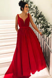 Broad Straps Red Long Prom Dresses with Pocket V Neck Cheap Formal Dress HZ0509