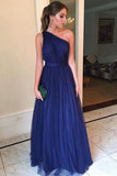 Blue Tulle Long Prom Dresses One Shoulder Simple Bridesmaid Dress HZ0509
