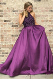 Purple Long Satin Prom Dresses Beaded Junior Evening Gown 2025 HZ0509
