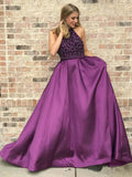 Purple Long Satin Prom Dresses Beaded Junior Evening Gown 2025 HZ0509
