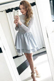 A-Line Jewel Long Sleeves Grey Short Homecoming Dress with Lace Top HZ0509