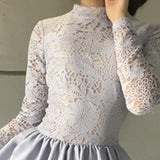 A-Line Jewel Long Sleeves Grey Short Homecoming Dress with Lace Top HZ0509
