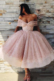 the Shoulder Sparkly Pink Tea Length Ball Gown Prom Dresses HZ0509