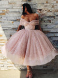 the Shoulder Sparkly Pink Tea Length Ball Gown Prom Dresses HZ0509