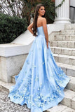 Sky Blue Long Satin Cheap Prom Dresses with 3D Floral Applique HZ0509