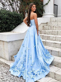 Sky Blue Long Satin Cheap Prom Dresses with 3D Floral Applique HZ0509