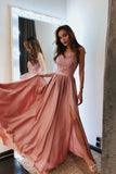 V Neck Long Prom Dresses Lace Spaghetti Straps Prom Dress with Slit HZ0509
