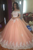 the Shoulder Lace Appliques Ball Gown Cheap Prom Dresses,Quinceanera Dresses HZ0509