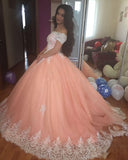 the Shoulder Lace Appliques Ball Gown Cheap Prom Dresses,Quinceanera Dresses HZ0509