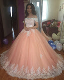 the Shoulder Lace Appliques Ball Gown Cheap Prom Dresses,Quinceanera Dresses HZ0509