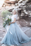 lace Top Short Sleeves Prom Dress, A Line Cheap Wedding Dresses HZ0509