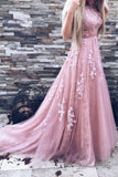 Court Train Backless Pink Tulle Prom Dress with Lace Appliques HZ0509