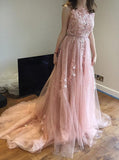 Court Train Backless Pink Tulle Prom Dress with Lace Appliques HZ0509