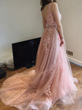 Court Train Backless Pink Tulle Prom Dress with Lace Appliques HZ0509