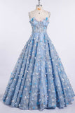 Spaghetti Strap 3D Flower Applique Sky Blue Prom Dresses Ball Gowns HZ0509