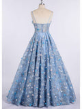 Spaghetti Strap 3D Flower Applique Sky Blue Prom Dresses Ball Gowns HZ0509