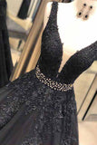 Line Black Prom Dresses With Appliques, Formal Evening Dress HZ0509