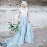 lace Top Short Sleeves Prom Dress, A Line Cheap Wedding Dresses HZ0509