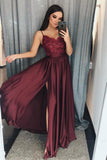 A Line V-Neck Long Spaghetti Strap Split Prom Dresses With Lace HZ0509