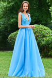 V Neck A Line Sleeveless Appliques Backless Floor Length Prom Dresses HZ0509