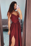 A Line V-Neck Long Spaghetti Strap Split Prom Dresses With Lace HZ0509