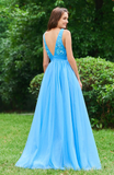 V Neck A Line Sleeveless Appliques Backless Floor Length Prom Dresses HZ0509