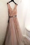 Tulle V-neck Backless A-line Prom Dresses With Beads HZ0509